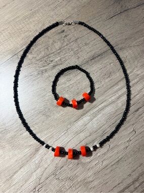 Black Glass Seed Bead Necklace & Bracelet Set with Coral Accent Beads
